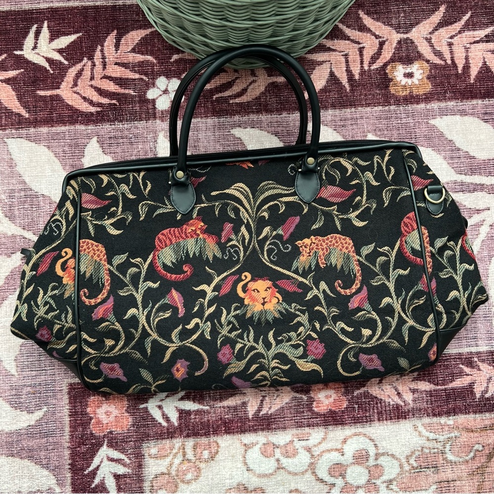 Vintage Bueno of California Velour Tapestry Weekender Carpet Bag Big Cats Design